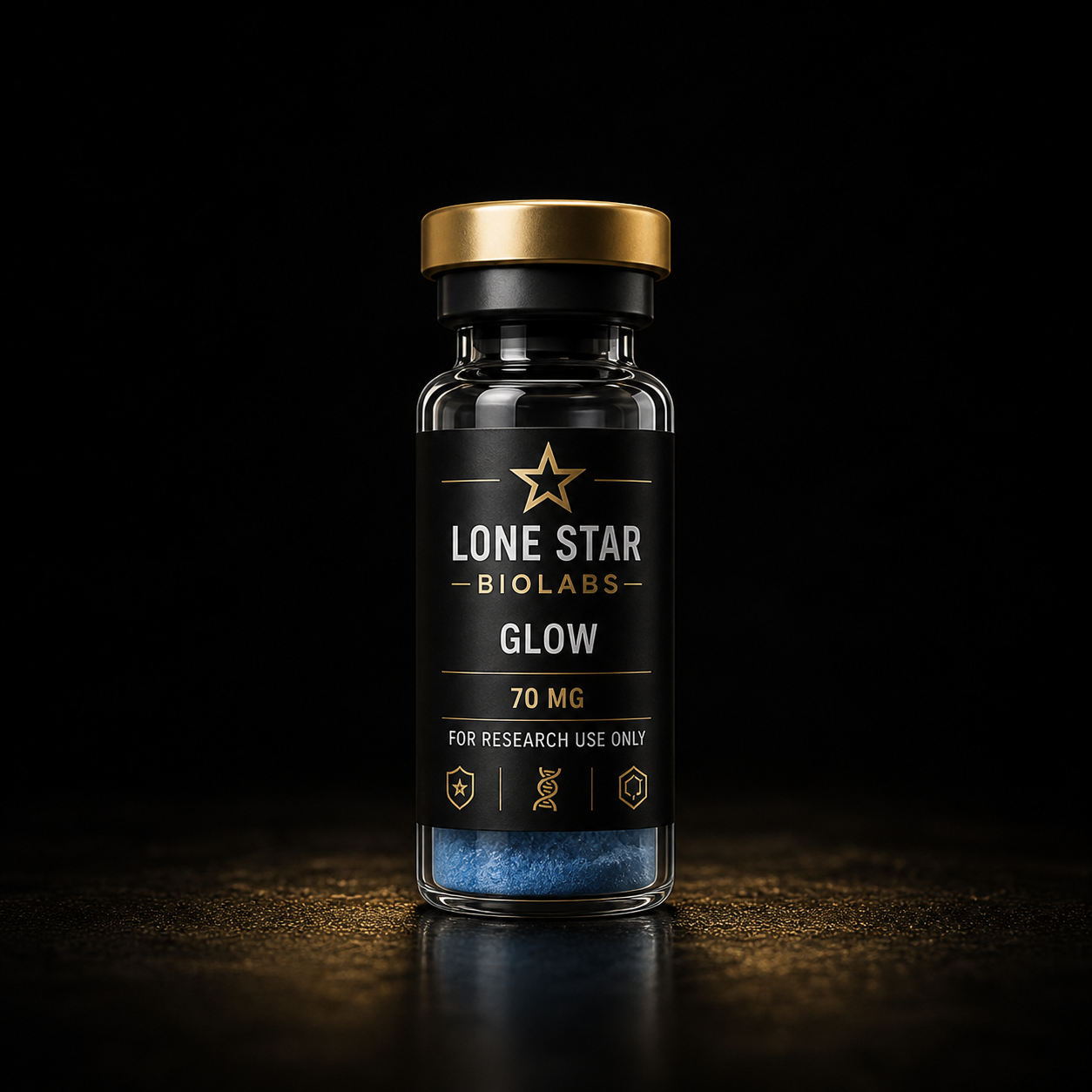 One GLOW 70 mg vial with blue powder