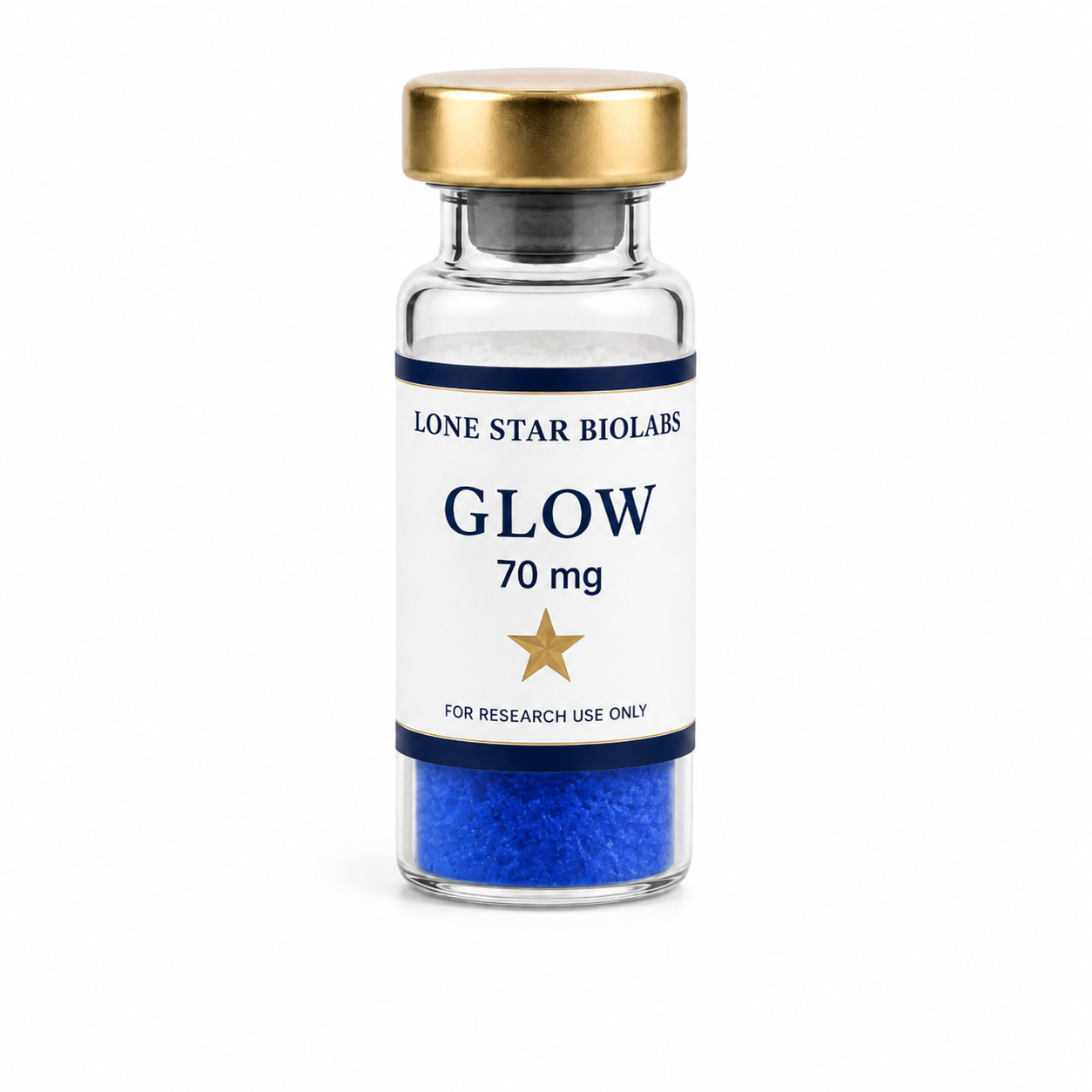 One Lone Star BioLabs GLOW 70 mg research vial with blue lyophilized powder