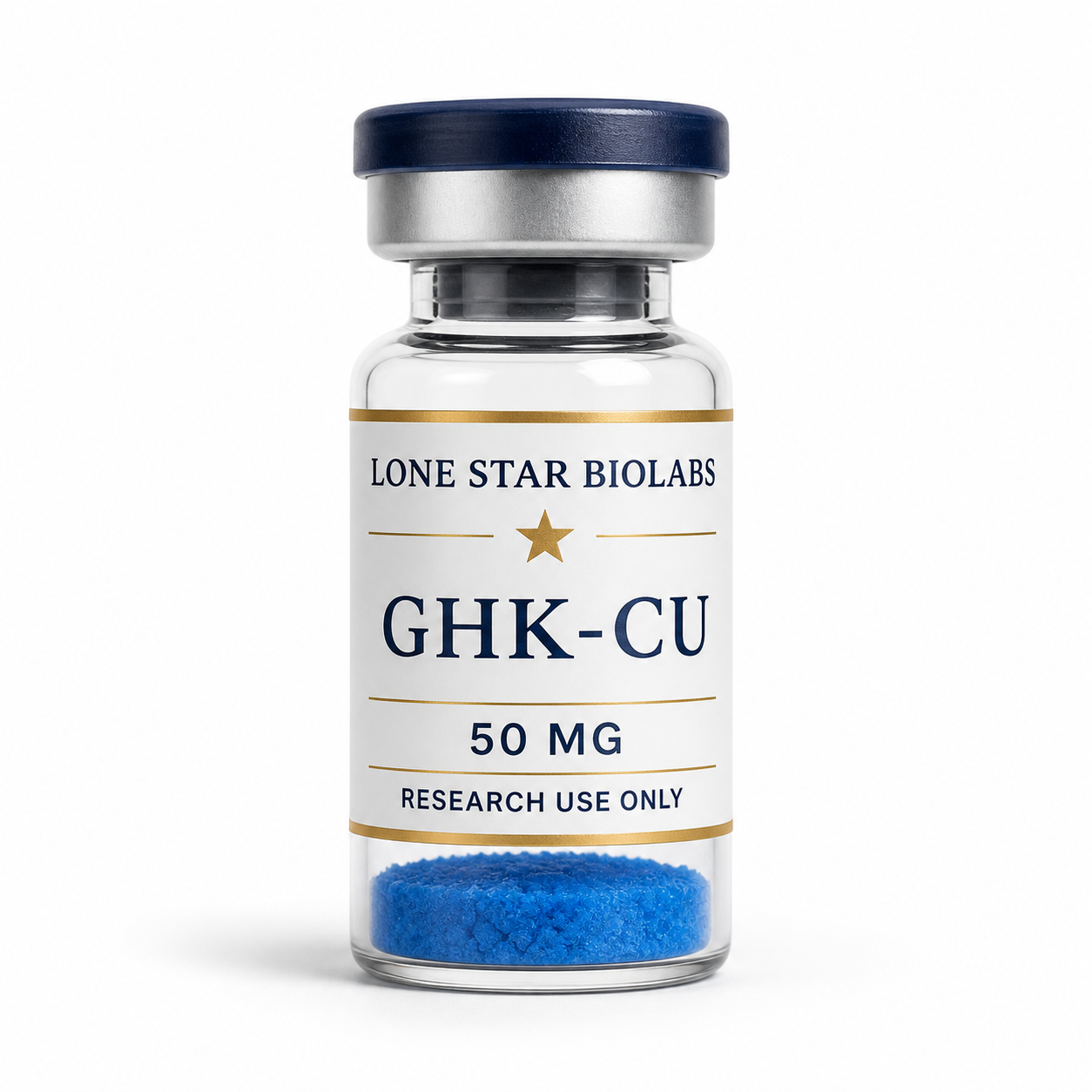 One Lone Star BioLabs GHK-Cu 50 mg research vial with blue powder